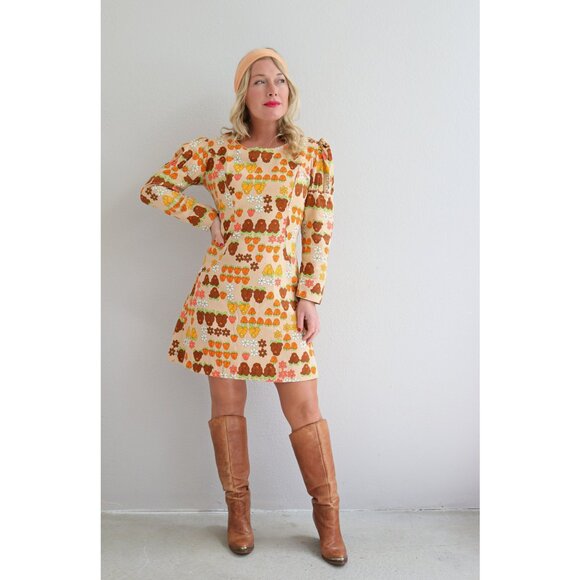 1960s Vintage Autumn Rose Mini Dress & Scarf Set ~ Women's Medium to Large MD LG - Picture 10 of 10